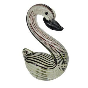 Hand Blown Art Glass Swan Black White Striped On Clear Smooth Pontil Collectable